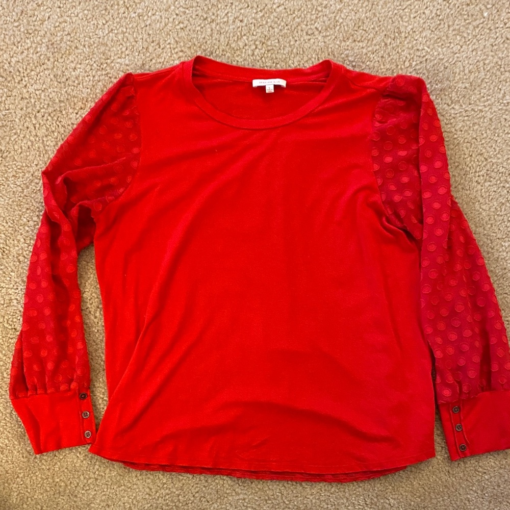 Skies Are Blue Red Blouse with Patterned Sleeves